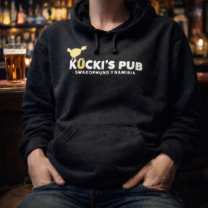 Kucki's Pub black hoodie with white logo and gold chick graphic, Swakopmund Namibia merchandise