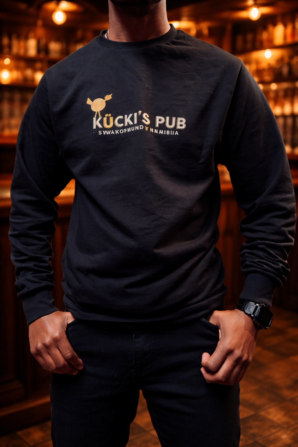 Black Kücki’s Pub sweatshirt with logo, standing inside a warm, traditional pub setting.