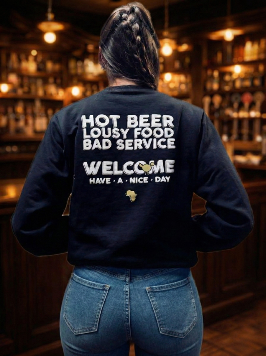 Rear view of a woman with a French braid in blue jeans and a black sweatshirt against a blurred bar background with warm hanging lights. The sweatshirt displays humorous text: 'HOT BEER LOUSY FOOD BAD SERVICE WELCOME HAVE • A • NICE • DAY'.