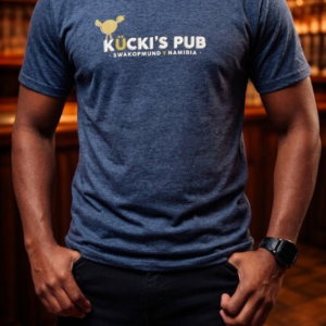 Kucki's Pub Grey T-shirt with white logo and gold chick graphic, Swakopmund Namibia merchandise