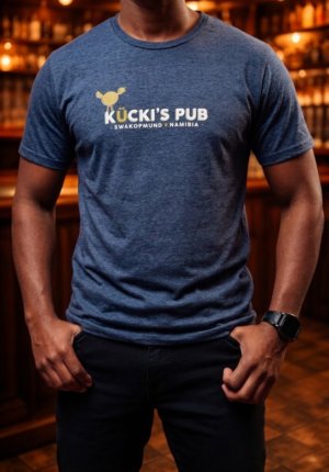 Kucki's Pub Grey T-shirt with white logo and gold chick graphic, Swakopmund Namibia merchandise